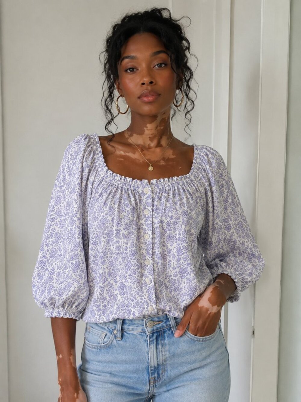 American Eagle Floral Puff Sleeve Peasant Blouse Top Cottagecore Blue White M - Picture 1 of 5